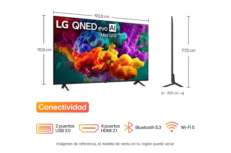 LG QNED evo AI QNED85 Mini LED Sports Forecast by AI Concierge displays a live soccer match with an on-screen AI panel presenting predictions, player insights, and league data, suggesting how AI analyzes gameplay to forecast match outcomes. 